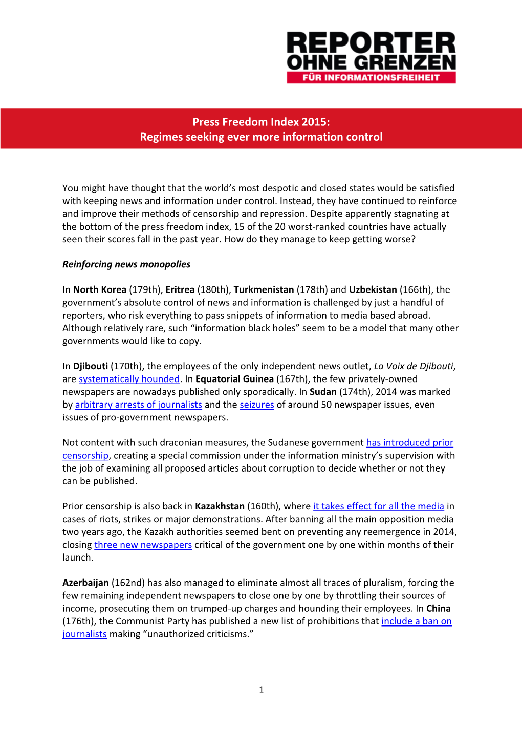 Press Freedom Index 2015: Regimes Seeking Ever More Information Control