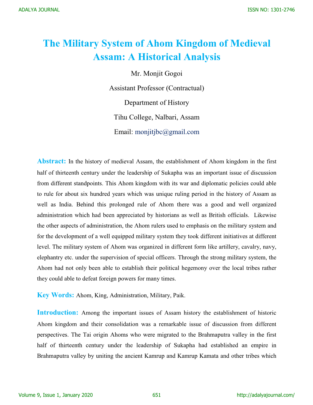 The Military System of Ahom Kingdom of Medieval Assam: a Historical Analysis