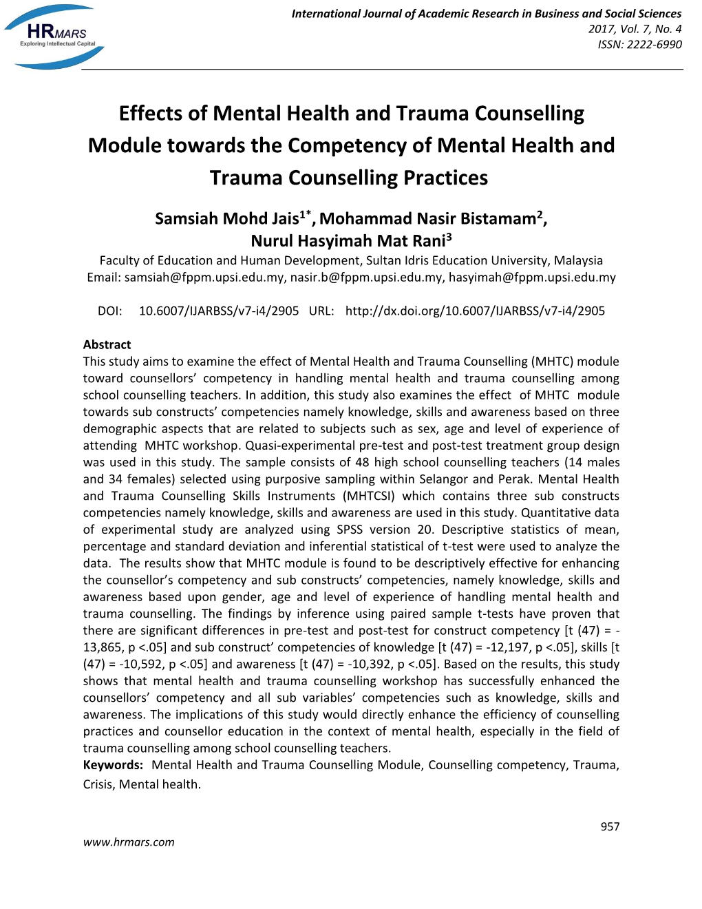 Effects of Mental Health and Trauma Counselling Module Towards the Competency of Mental Health and Trauma Counselling Practices