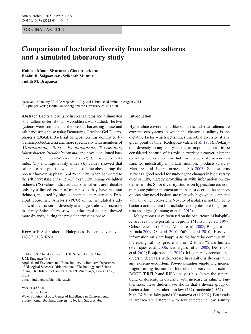 Comparison of Bacterial Diversity from Solar Salterns and a Simulated Laboratory Study