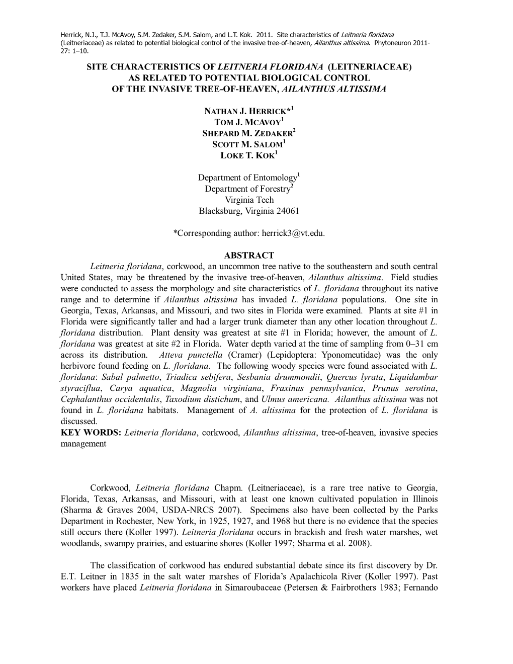 Site Characteristics of Leitneria Floridana (Leitneriaceae) As Related to Potential Biological Control of the Invasive Tree-Of-Heaven, Ailanthus Altissima