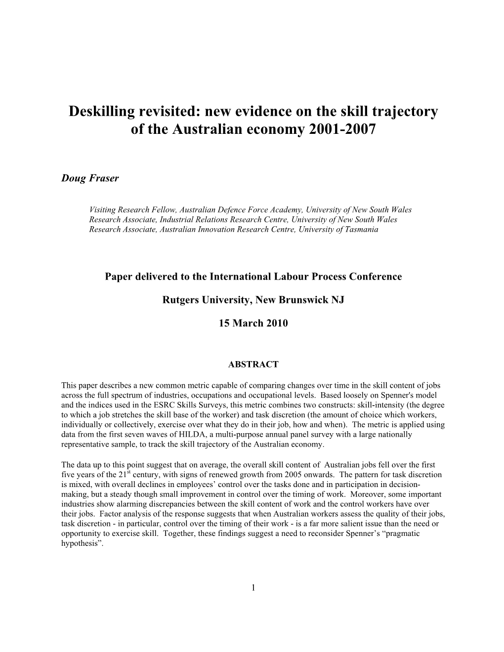 Deskilling Revisited: New Evidence on the Skill Trajectory of the Australian Economy 2001-2007