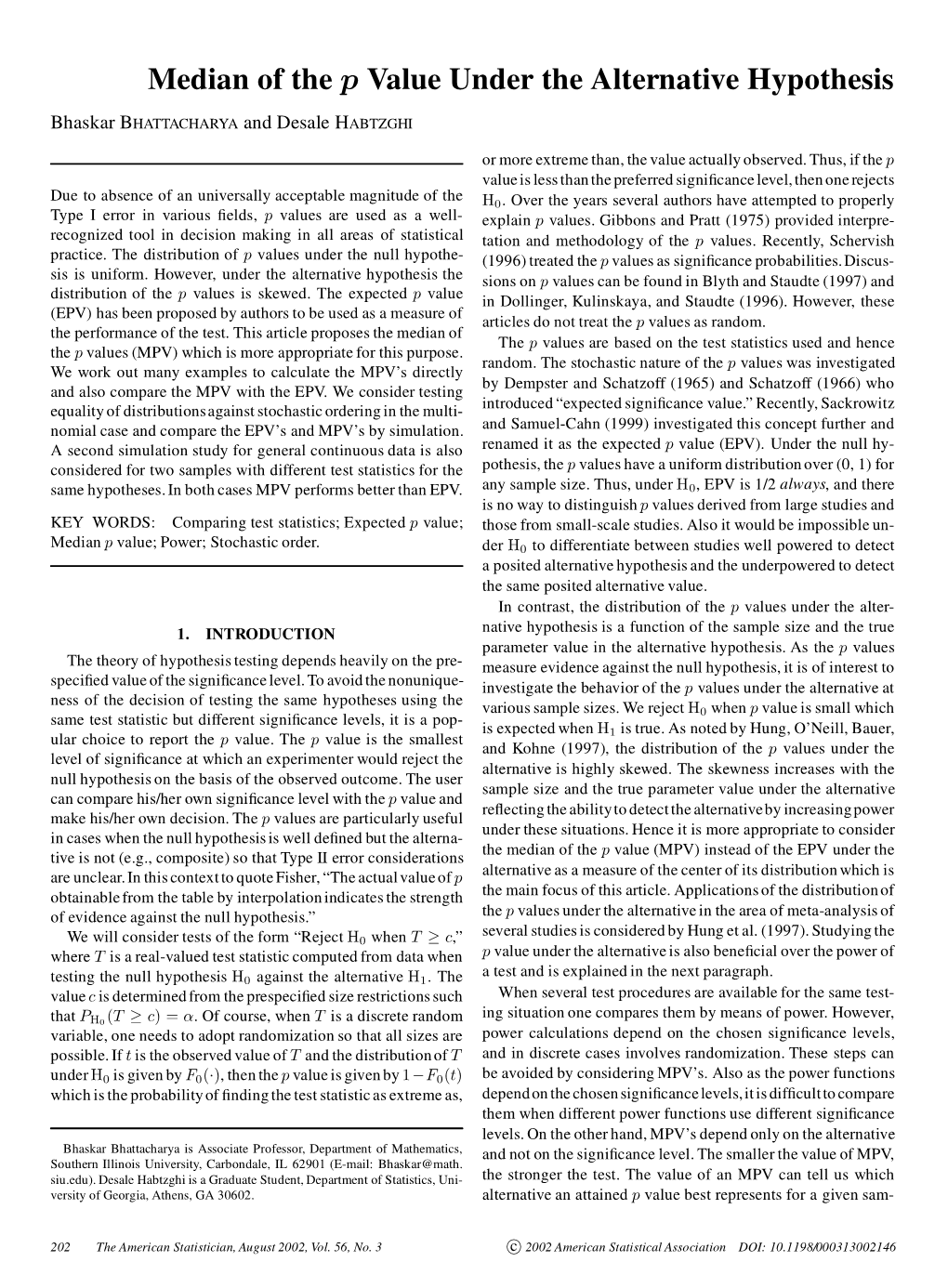 Median of the P Value Under the Alternative Hypothesis