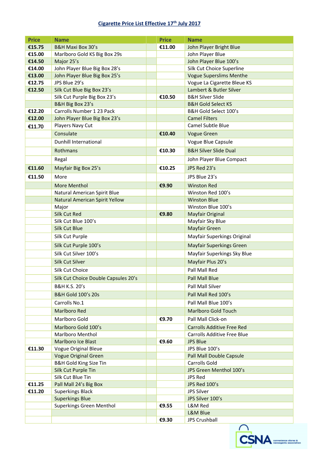 Cigarette Price List Effective 17Th July 2017