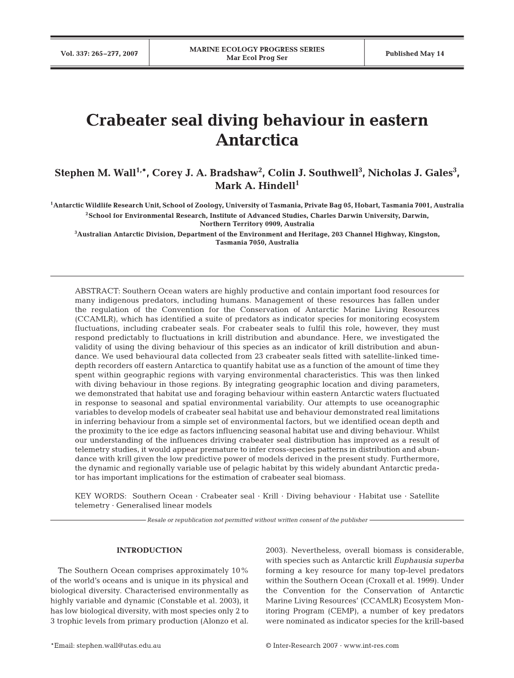 Crabeater Seal Diving Behaviour in Eastern Antarctica