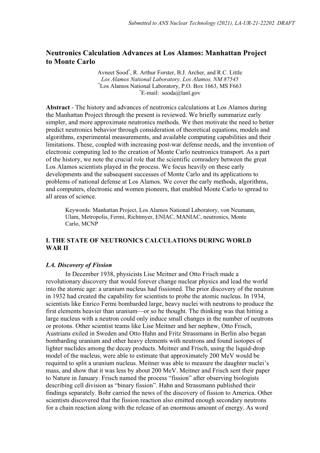 Neutronics Calculation Advances at Los Alamos: Manhattan Project to Monte Carlo Avneet Sood*, R