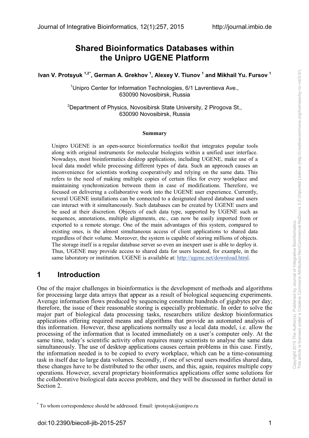 Shared Bioinformatics Databases Within the Unipro UGENE Platform