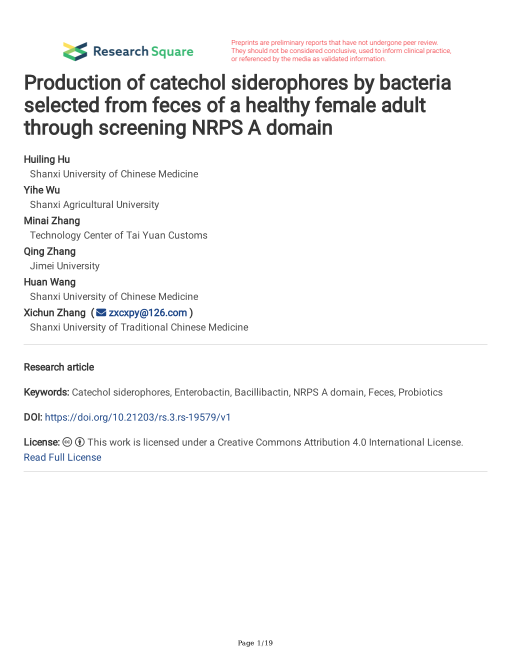 Production of Catechol Siderophores by Bacteria Selected from Feces of a Healthy Female Adult Through Screening NRPS a Domain