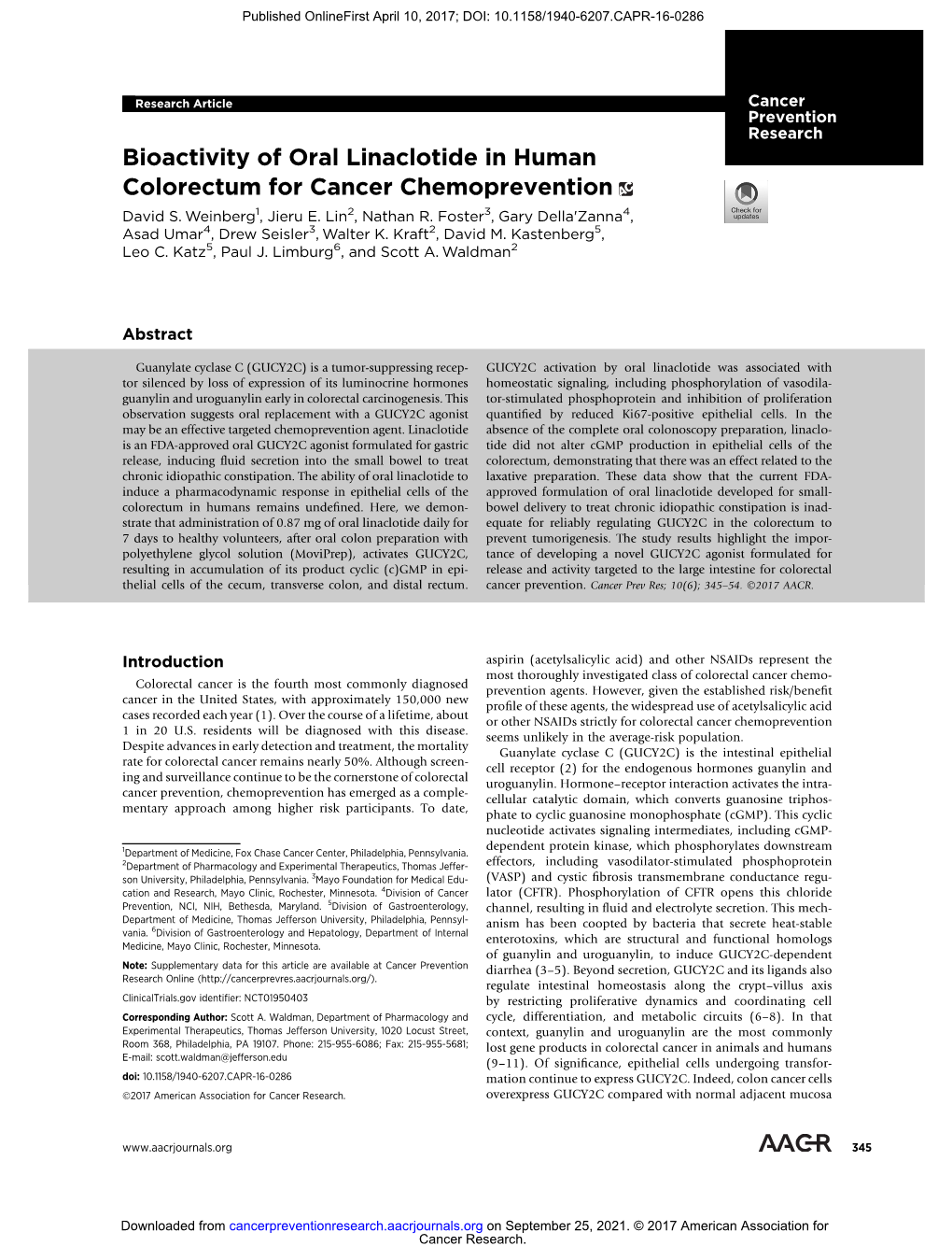 Bioactivity of Oral Linaclotide in Human Colorectum for Cancer Chemoprevention David S
