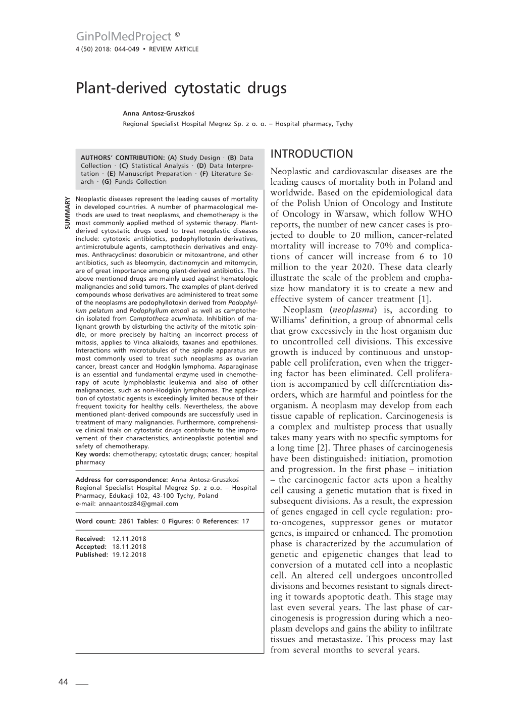 Plant-Derived Cytostatic Drugs