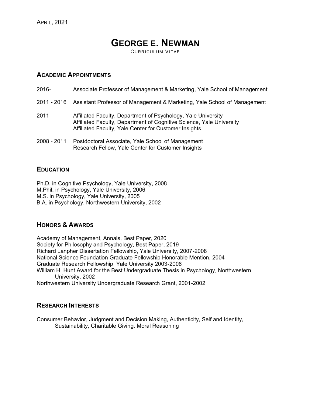 George Newman's CV