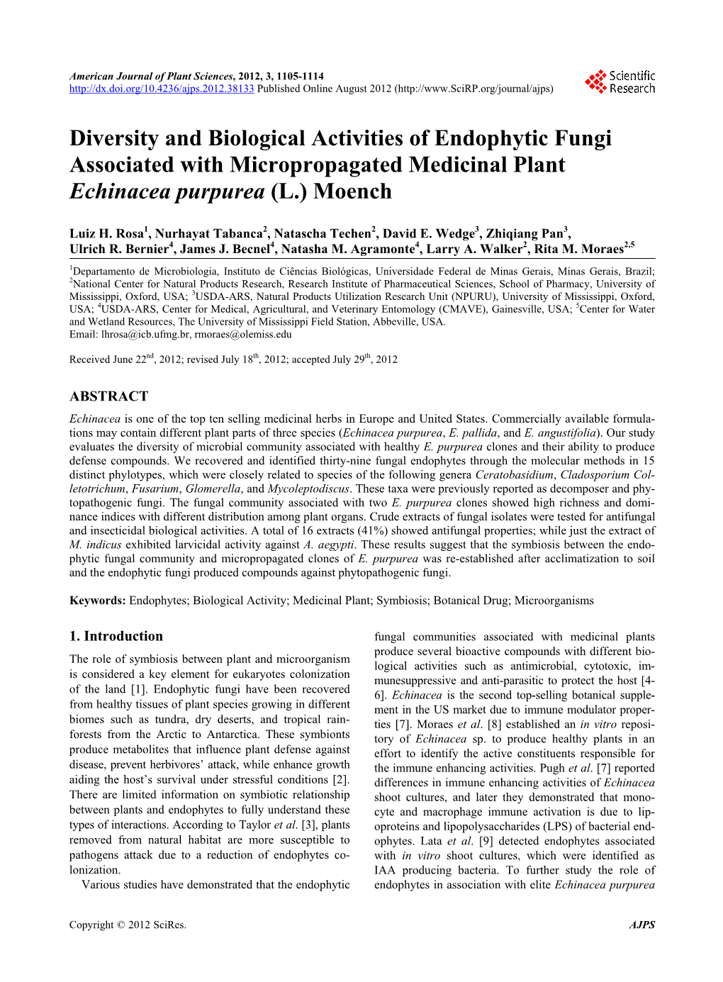 Diversity and Biological Activities of Endophytic Fungi Associated with Micropropagated Medicinal Plant Echinacea Purpurea (L.) Moench