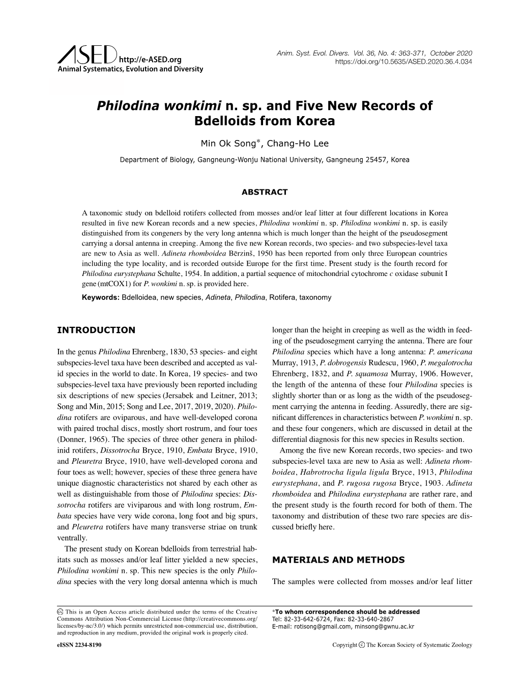 Philodina Wonkimi N. Sp. and Five New Records of Bdelloids from Korea