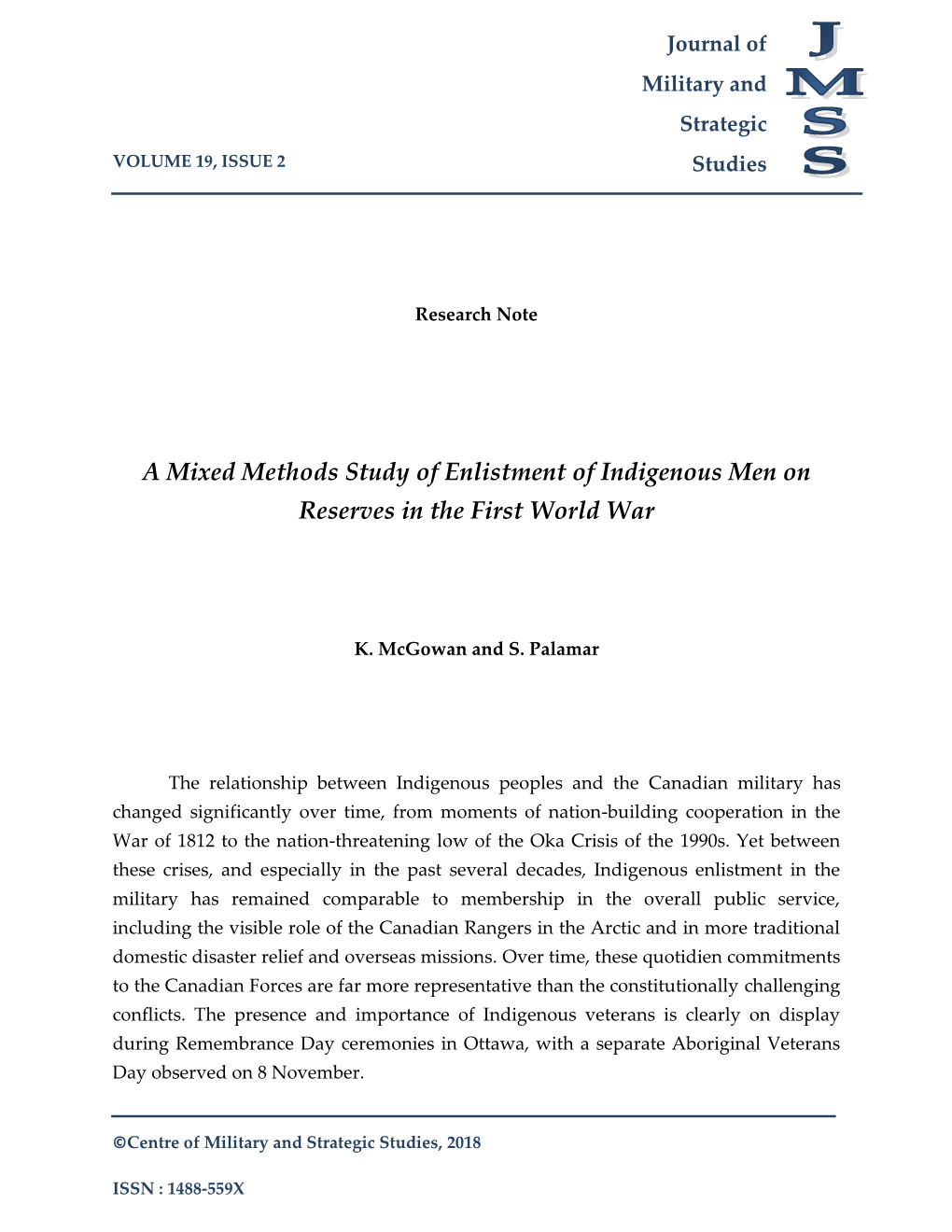 A Mixed Methods Study of Enlistment of Indigenous Men on Reserves in the First World War