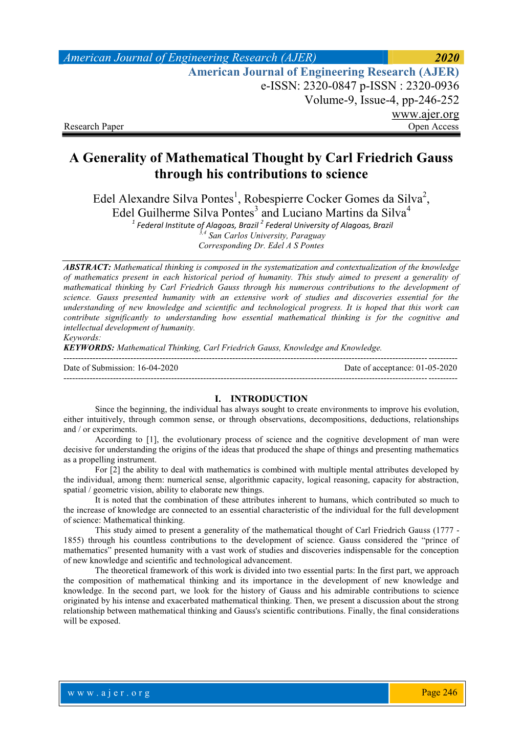 A Generality of Mathematical Thought by Carl Friedrich Gauss Through His Contributions to Science