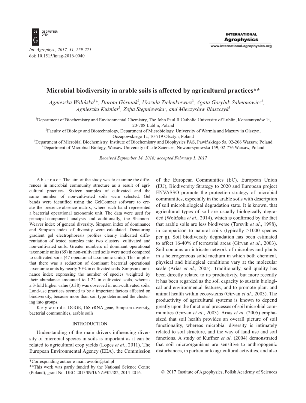 Microbial Biodiversity in Arable Soils Is Affected by Agricultural Practices**