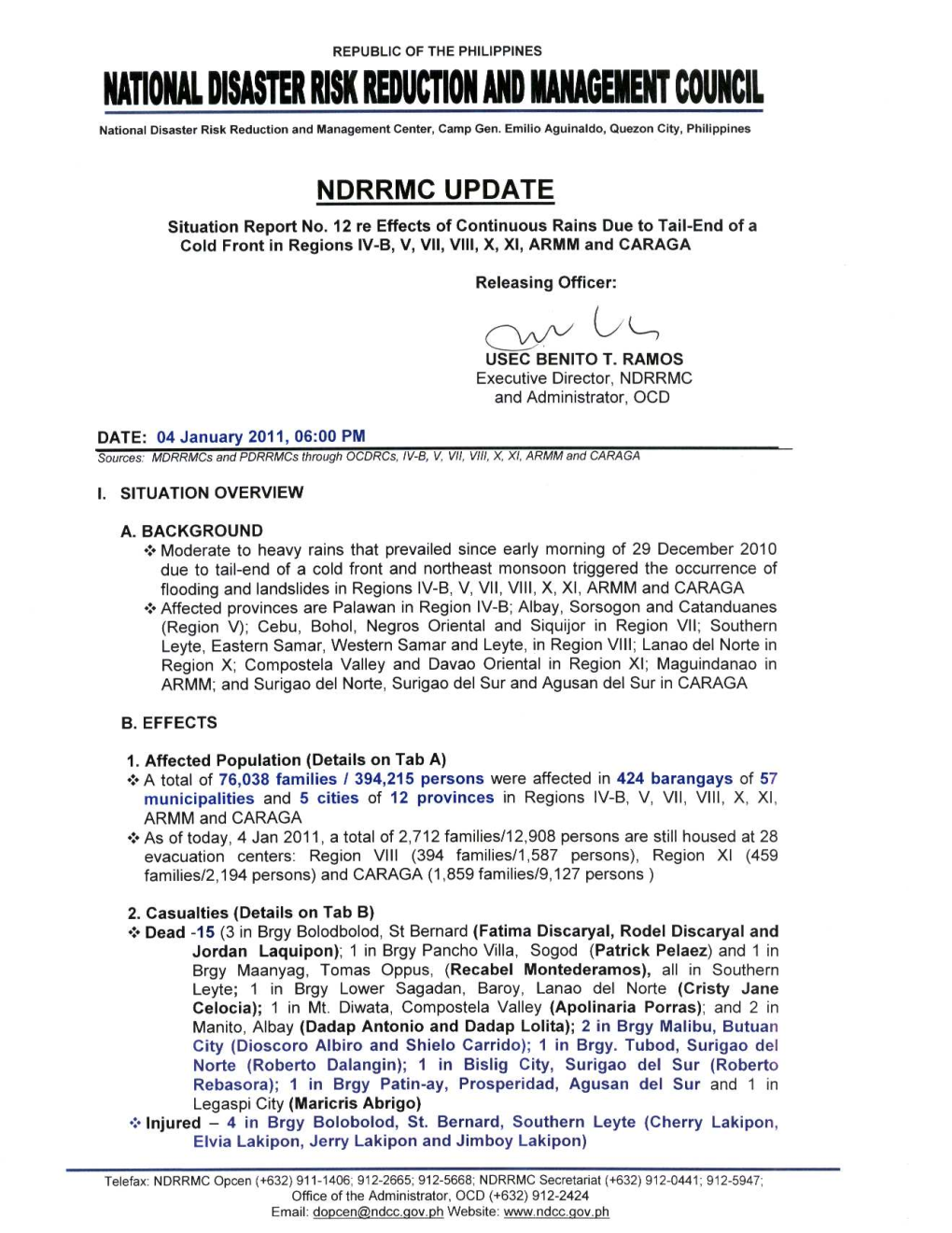 NDRRMC Update Sitrep No. 12 Landslide & Flooding Incidents In