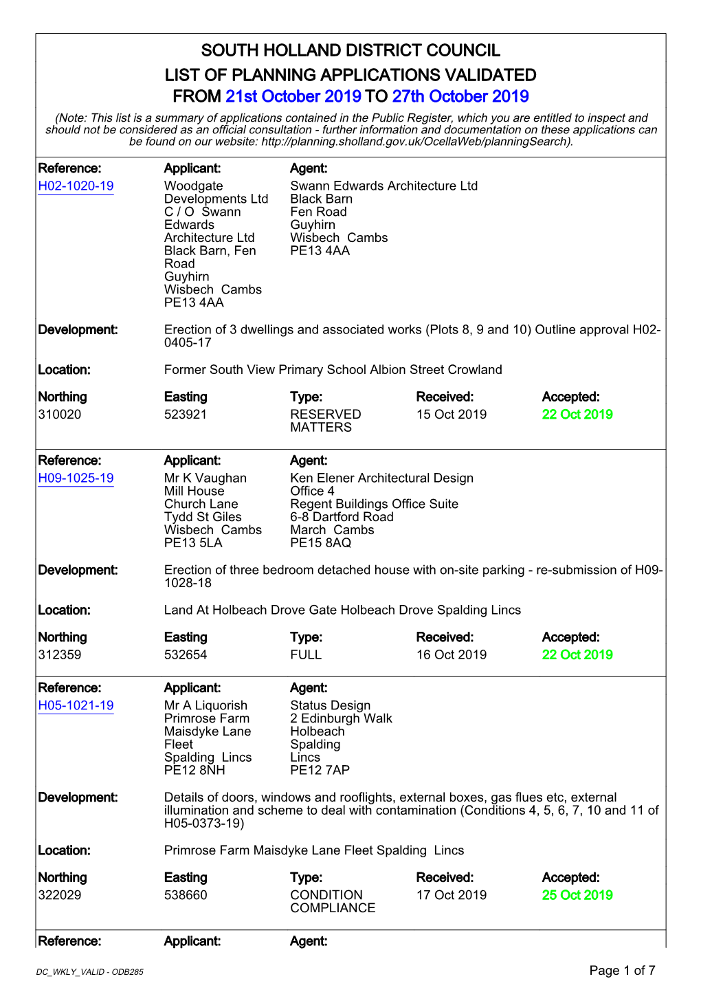 SOUTH HOLLAND DISTRICT COUNCIL LIST of PLANNING APPLICATIONS VALIDATED from 21St October 2019 to 27Th October 2019