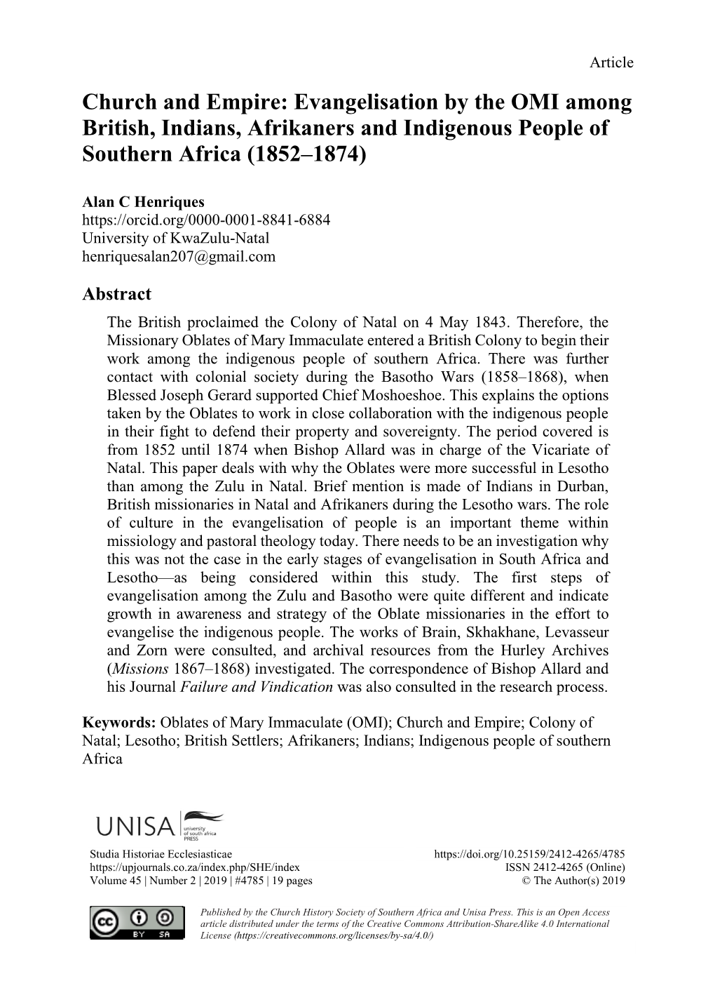 Church and Empire: Evangelisation by the OMI Among British, Indians, Afrikaners and Indigenous People of Southern Africa (1852–1874)