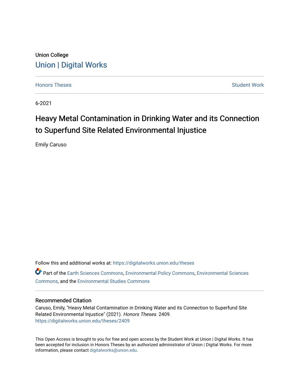 Heavy Metal Contamination in Drinking Water and Its Connection to Superfund Site Related Environmental Injustice