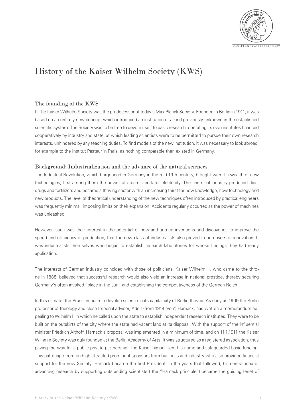 History of the Kaiser Wilhelm Society (KWS)