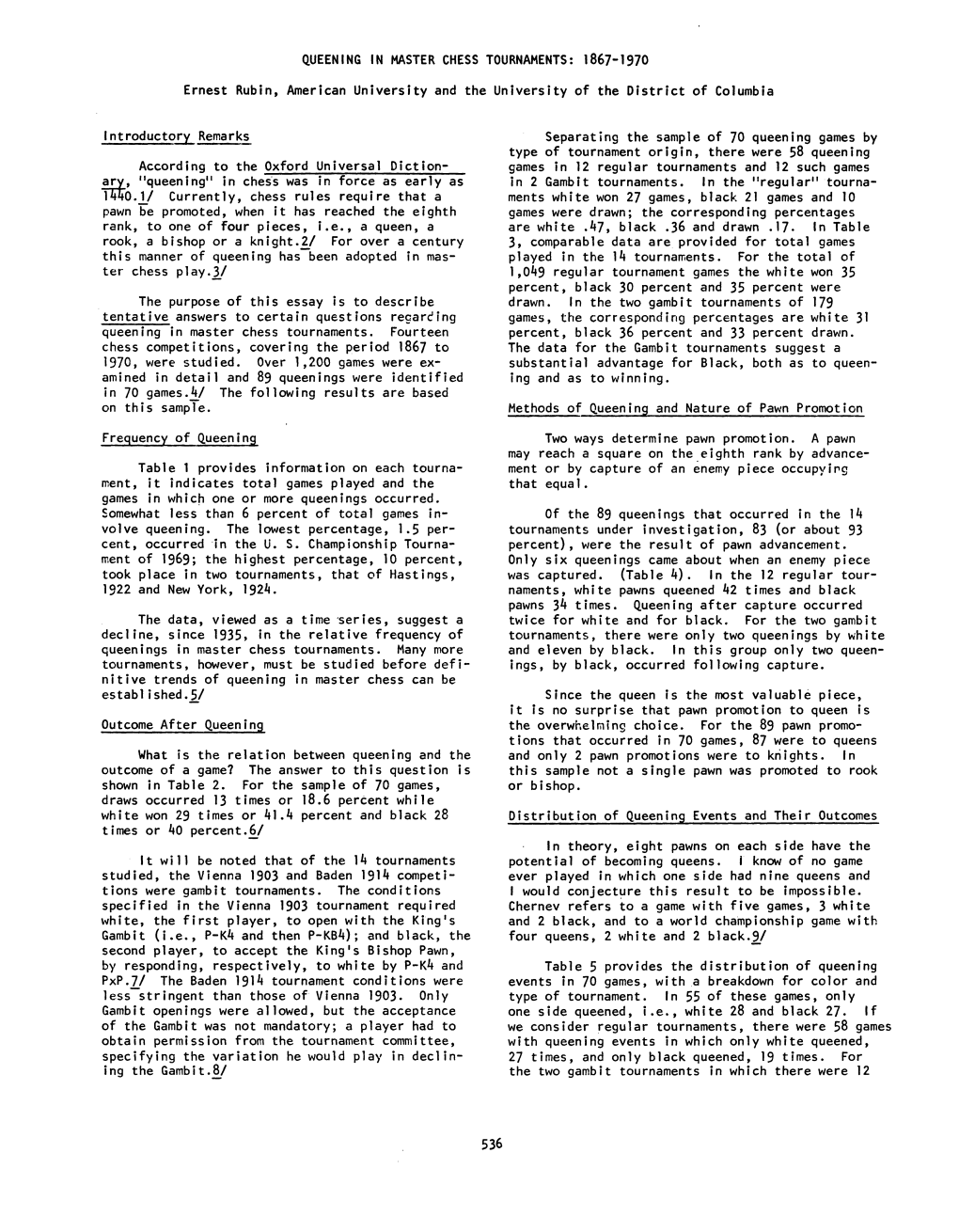 Queening in Master Chess Tournaments: 1867 -1970