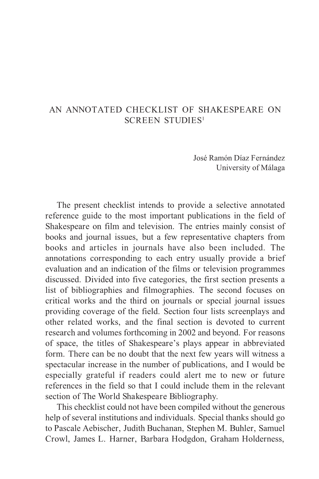 An Annotated Checklist of Shakespeare on Screen Studies1