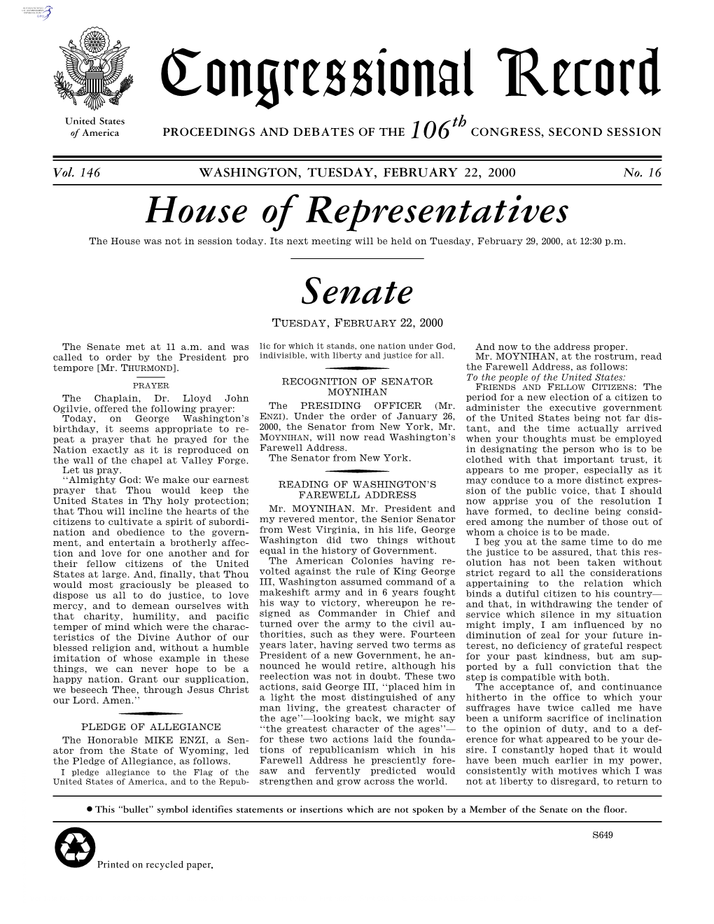 Congressional Record United States Th of America PROCEEDINGS and DEBATES of the 106 CONGRESS, SECOND SESSION