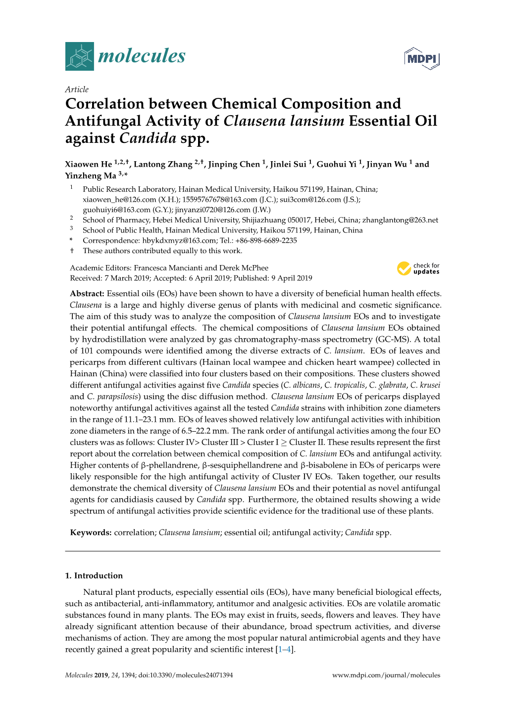 Correlation Between Chemical Composition and Antifungal Activity of Clausena Lansium Essential Oil Against Candida Spp