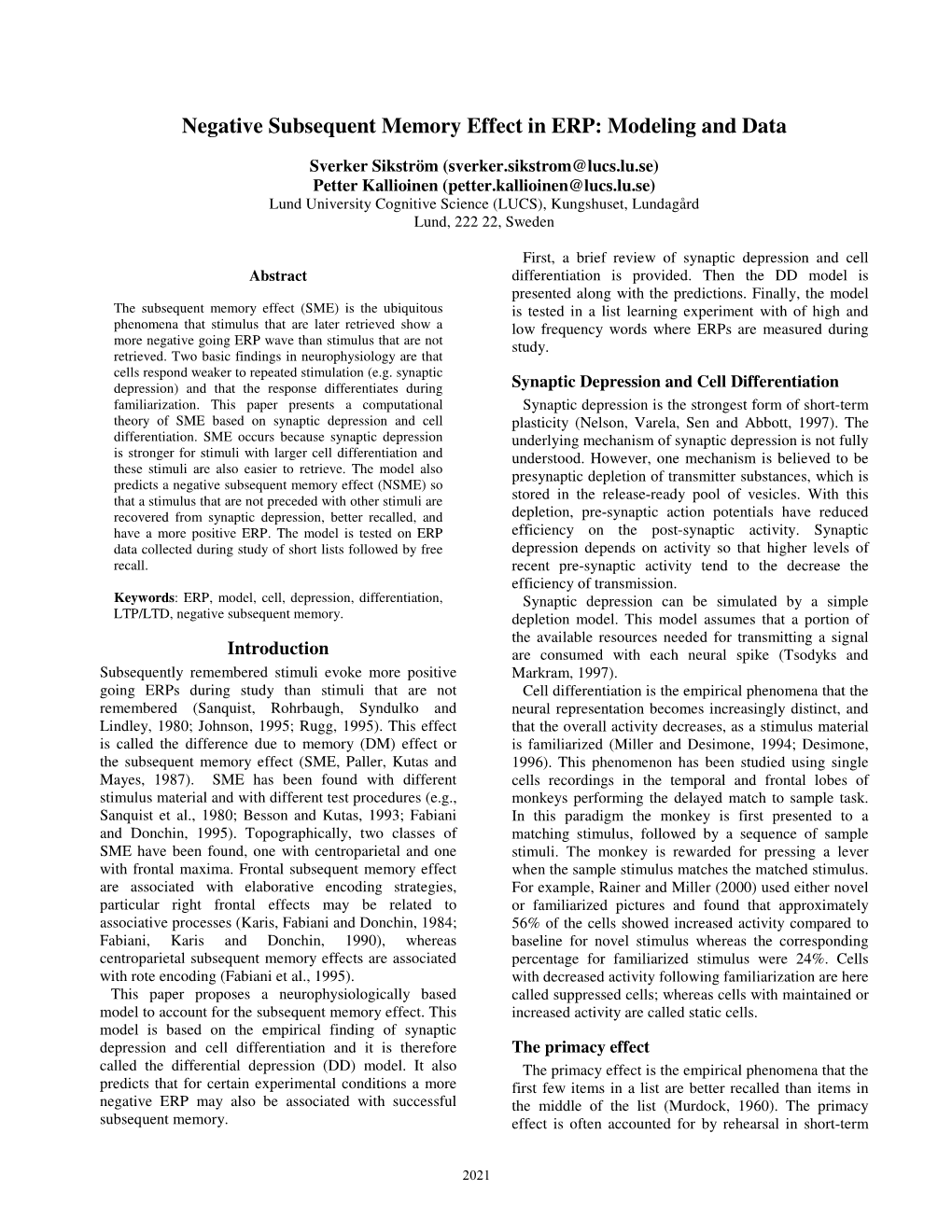 Negative Subsequent Memory Effect in ERP: Modeling and Data