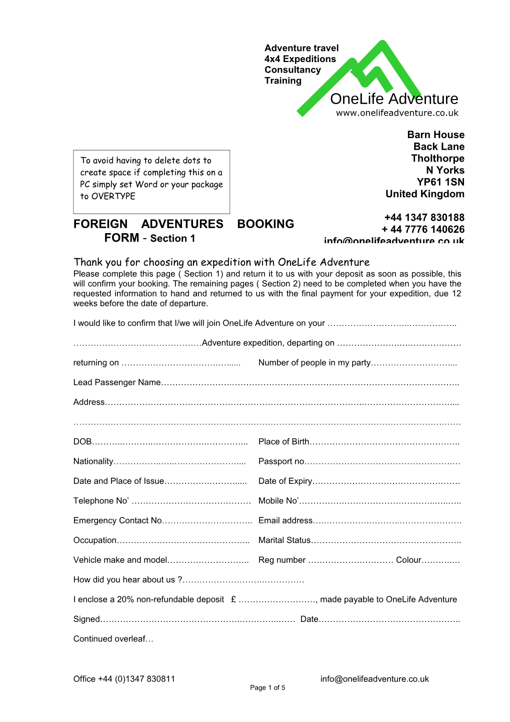 FOREIGN ADVENTURES BOOKING FORM - Section 1