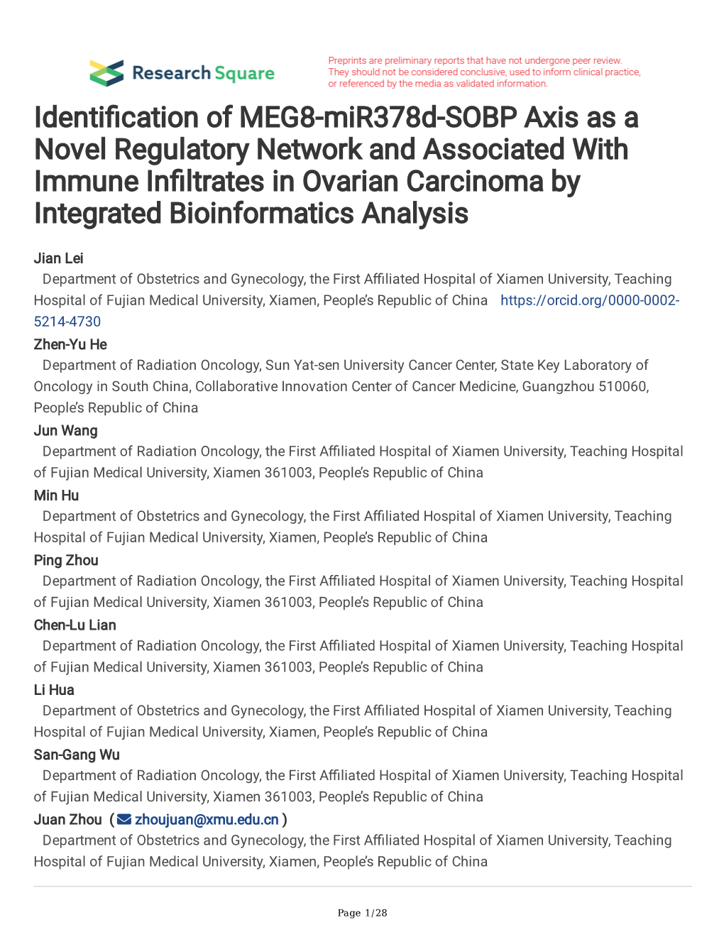 Identification of MEG8-Mir378d-SOBP Axis As a Novel Regulatory Network and Associated with Immune Infiltrates in Ovarian Carcinoma by Integrated Bioinformatics Analysis