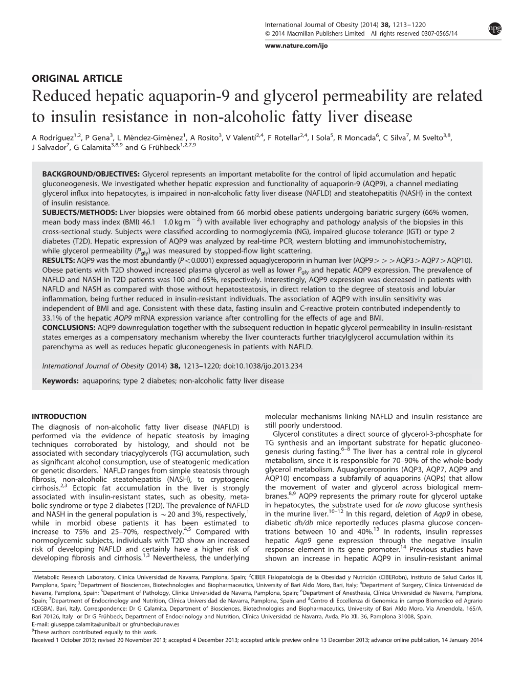 Reduced Hepatic Aquaporin-9 and Glycerol Permeability Are Related to Insulin Resistance in Non-Alcoholic Fatty Liver Disease