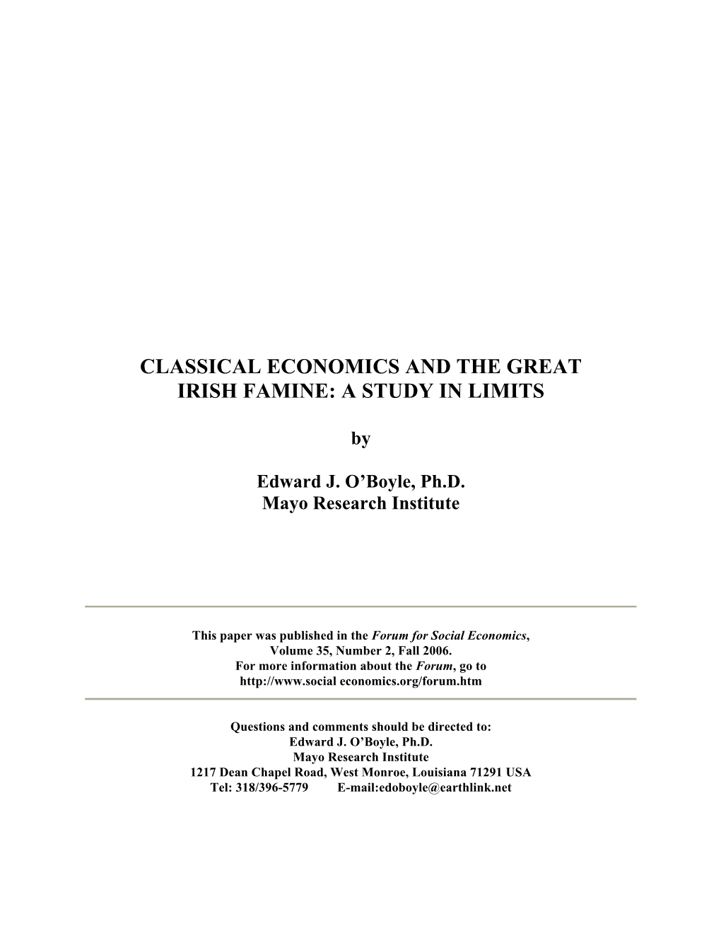 Classical Economics and the Great Irish Famine: a Study in Limits