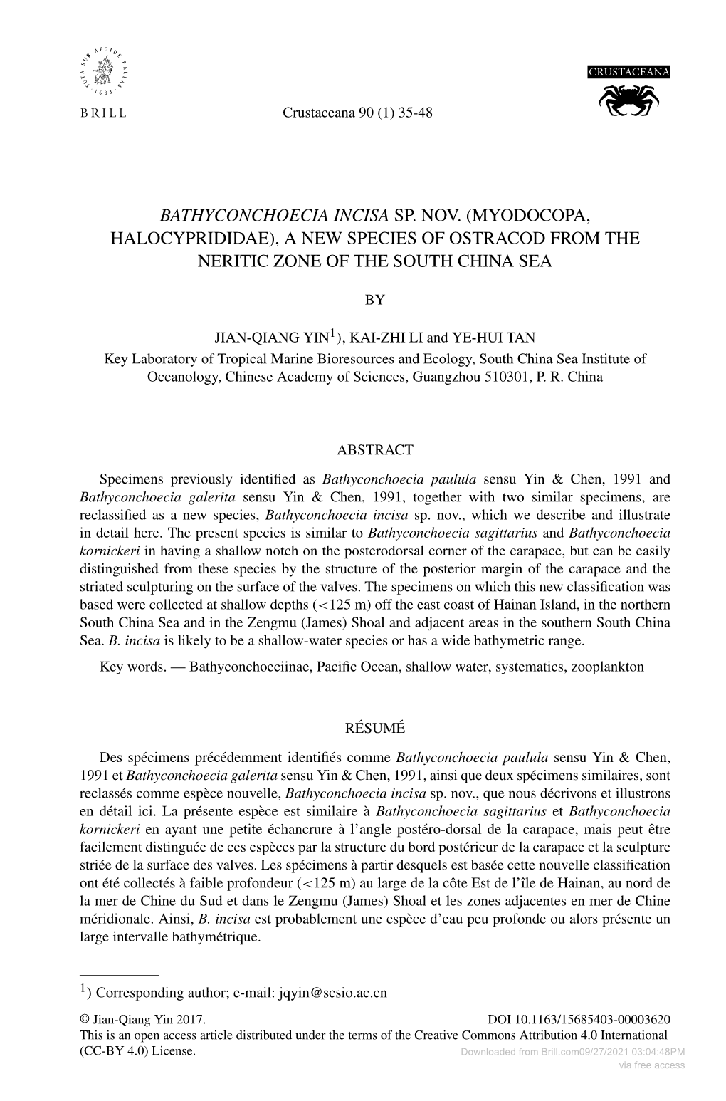 Myodocopa, Halocyprididae), a New Species of Ostracod from the Neritic Zone of the South China Sea