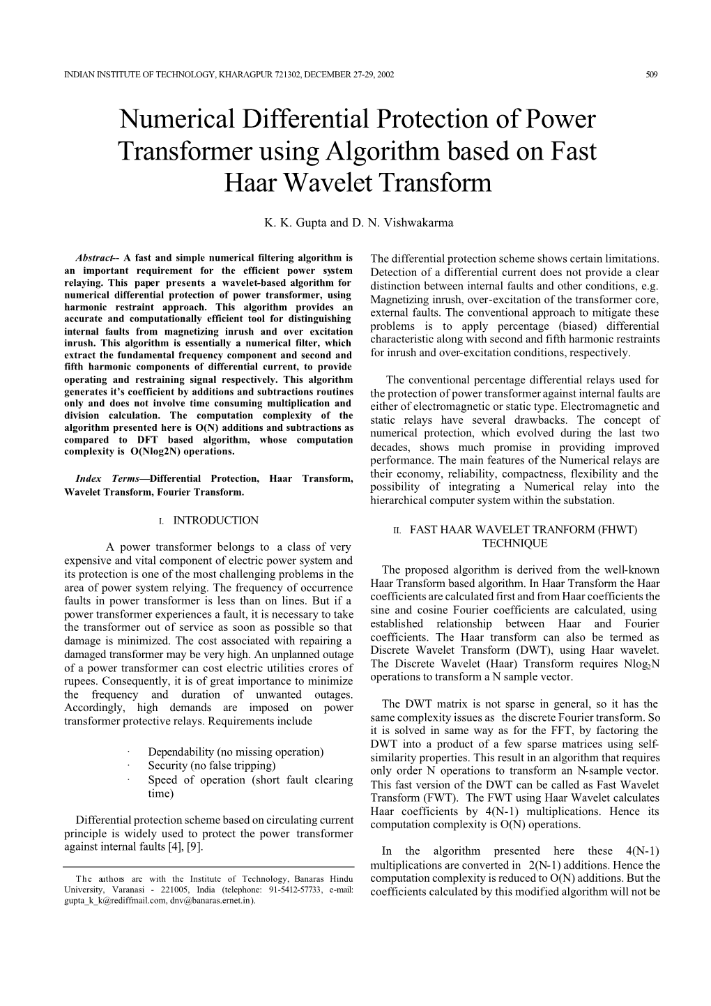 Numerical Differential Protection of Power Transformer Using Algorithm Based on Fast Haar Wavelet Transform