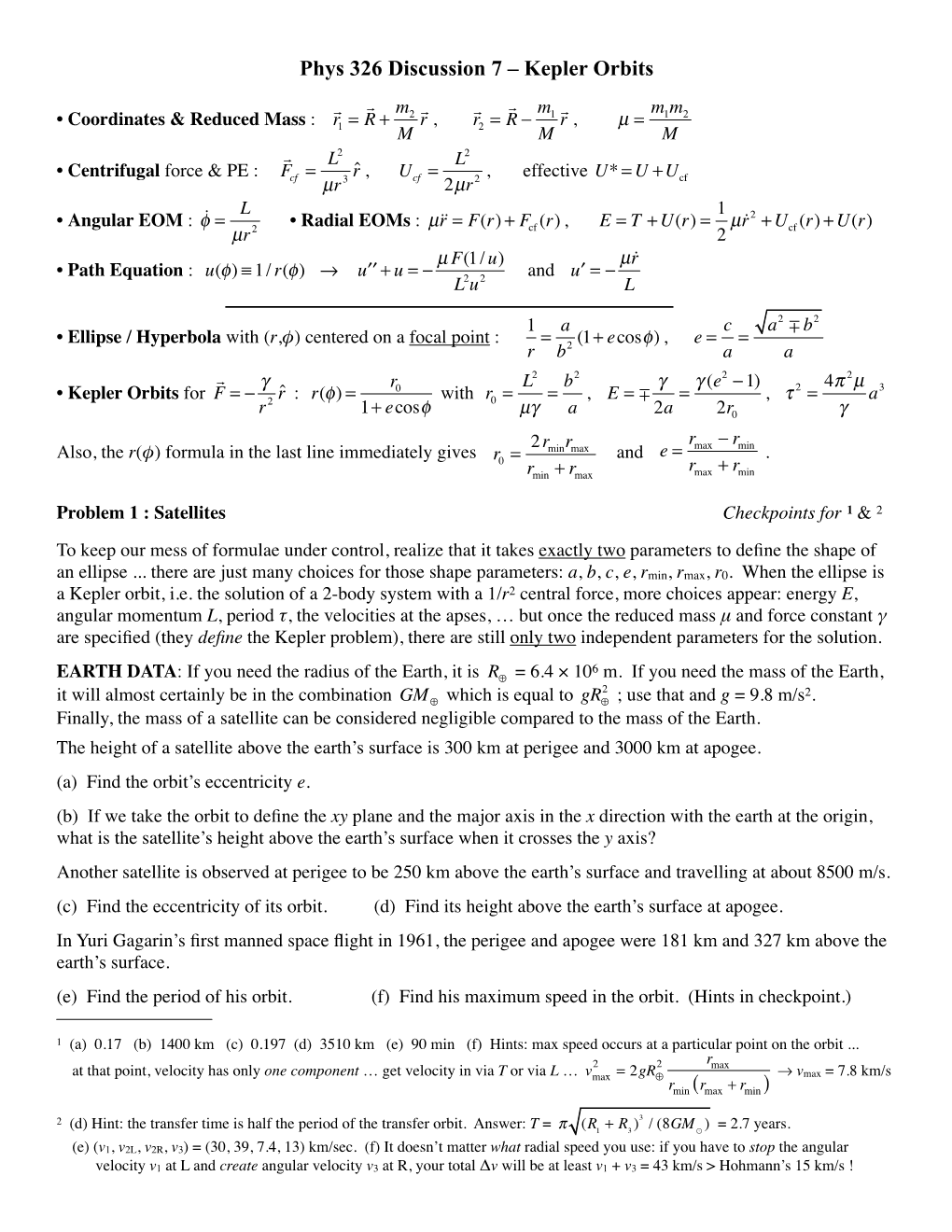 Phys 326 Discussion 7 – Kepler Orbits