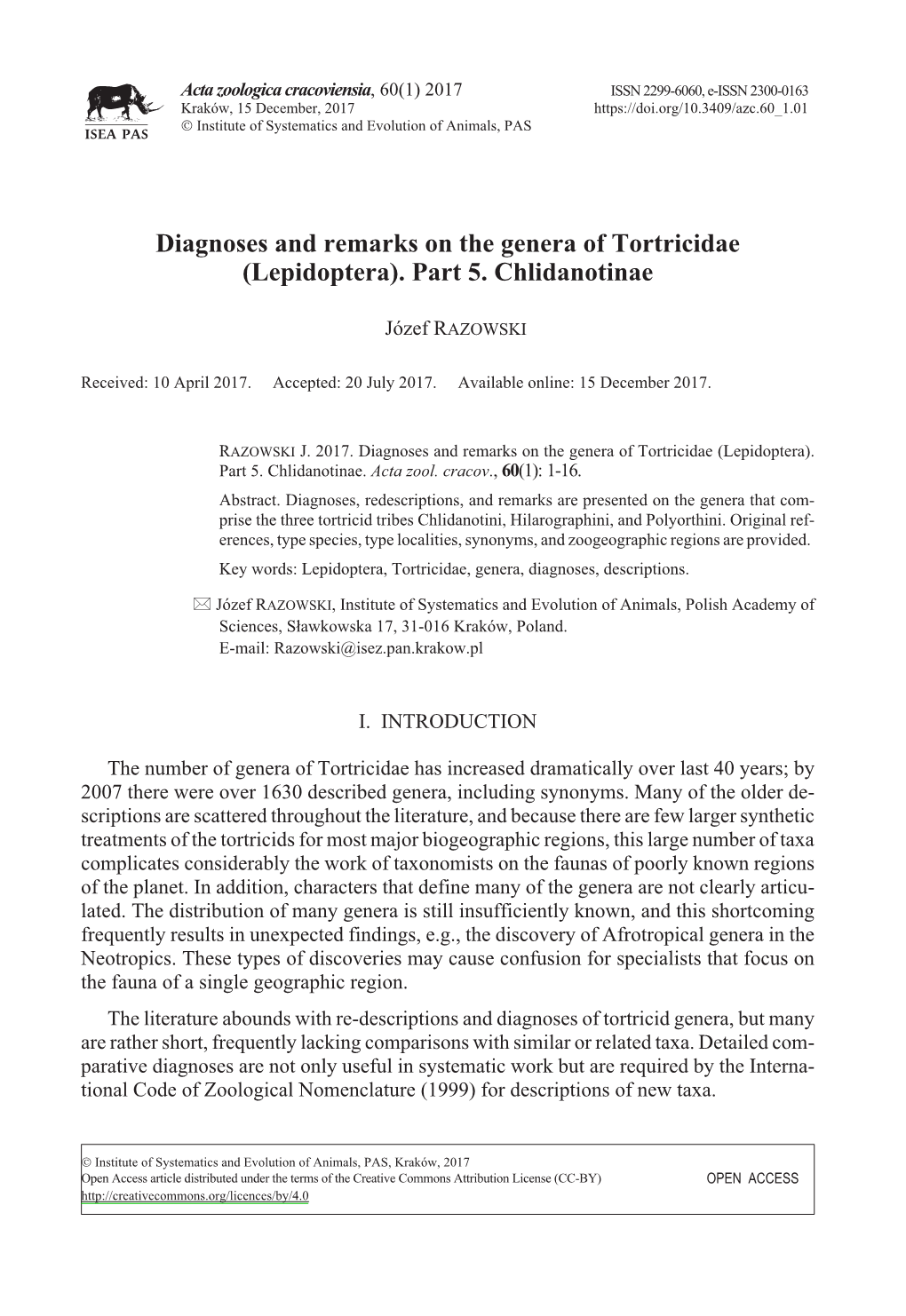 Diagnoses and Remarks on the Genera of Tortricidae (Lepidoptera). Part 5. Chlidanotinae