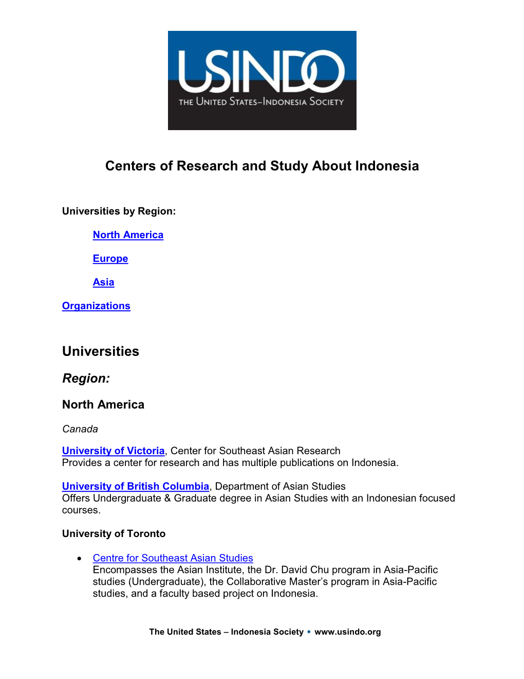 Centers of Research and Study About Indonesia Universities