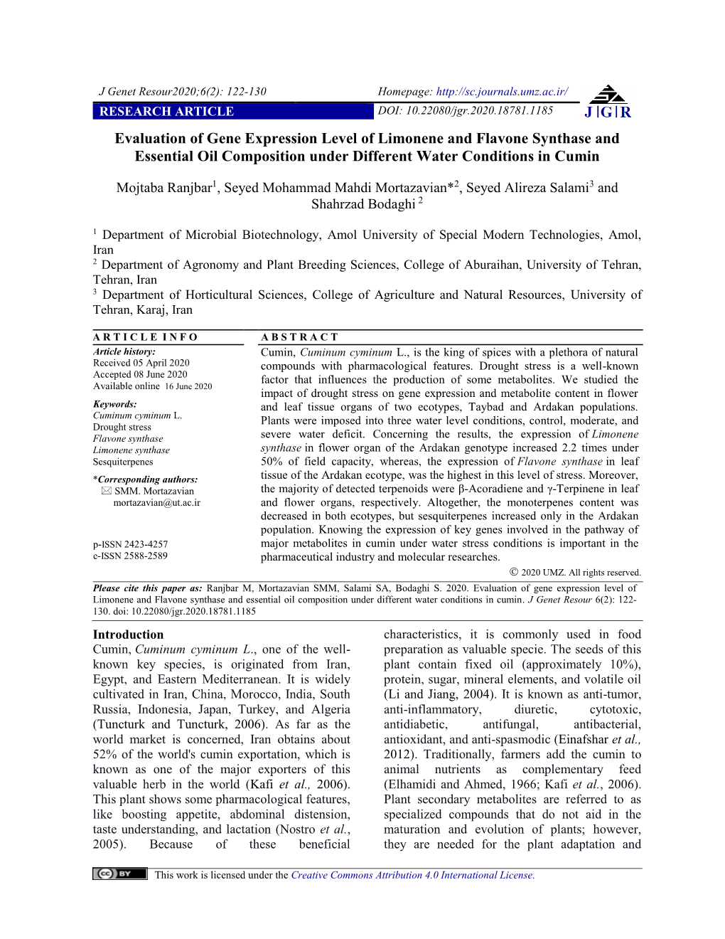 Evaluation of Gene Expression Level of Limonene and Flavone Synthase and Essential Oil Composition Under Different Water Conditions in Cumin