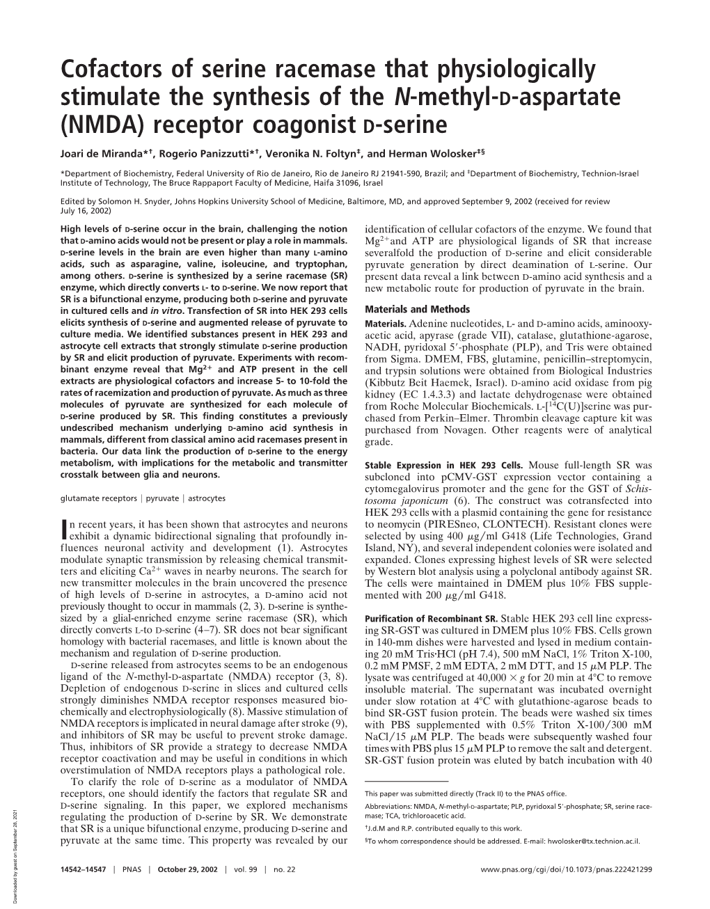 Cofactors of Serine Racemase That Physiologically Stimulate the Synthesis of the N-Methyl-D-Aspartate (NMDA) Receptor Coagonist D-Serine