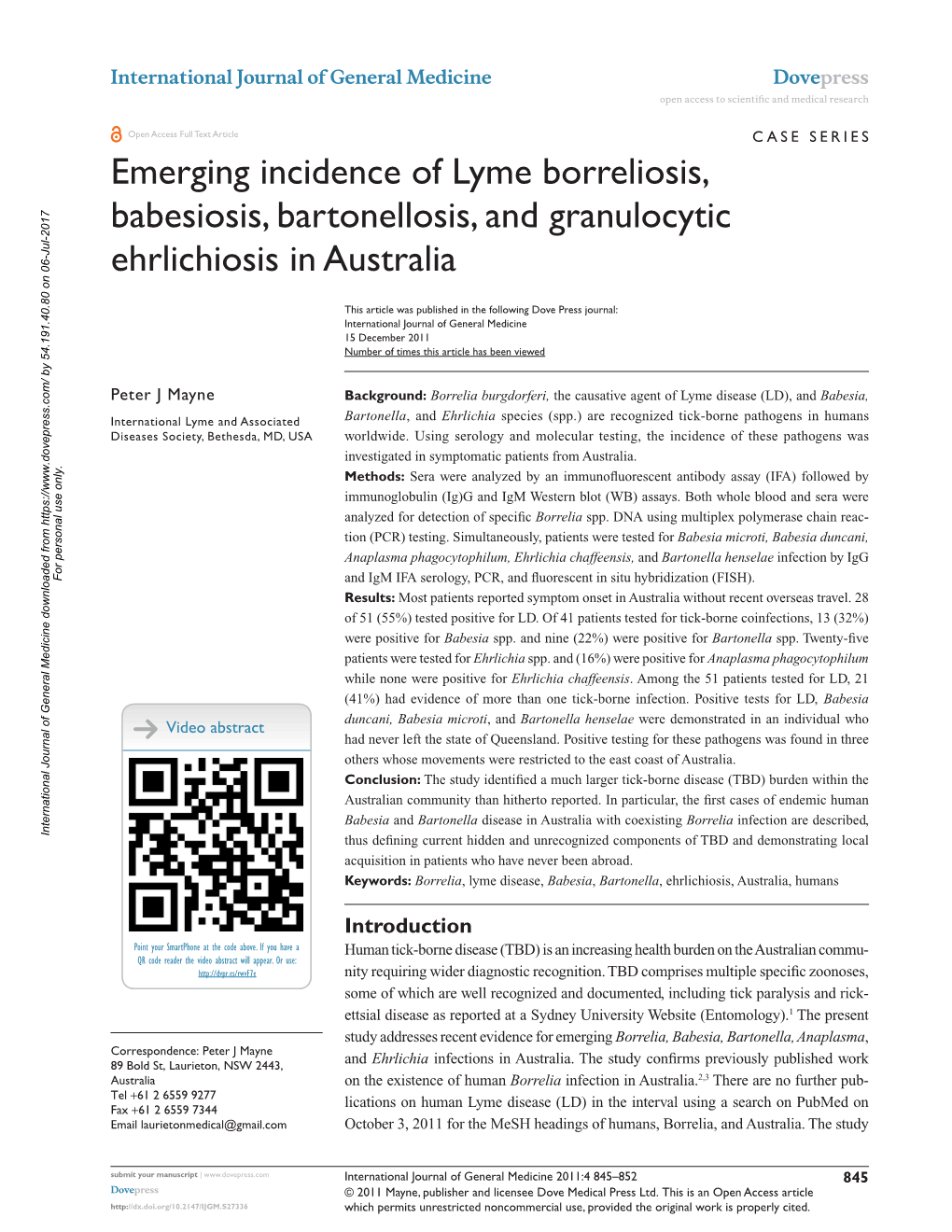 Emerging Incidence of Lyme Borreliosis, Babesiosis, Bartonellosis, and Granulocytic Ehrlichiosis in Australia