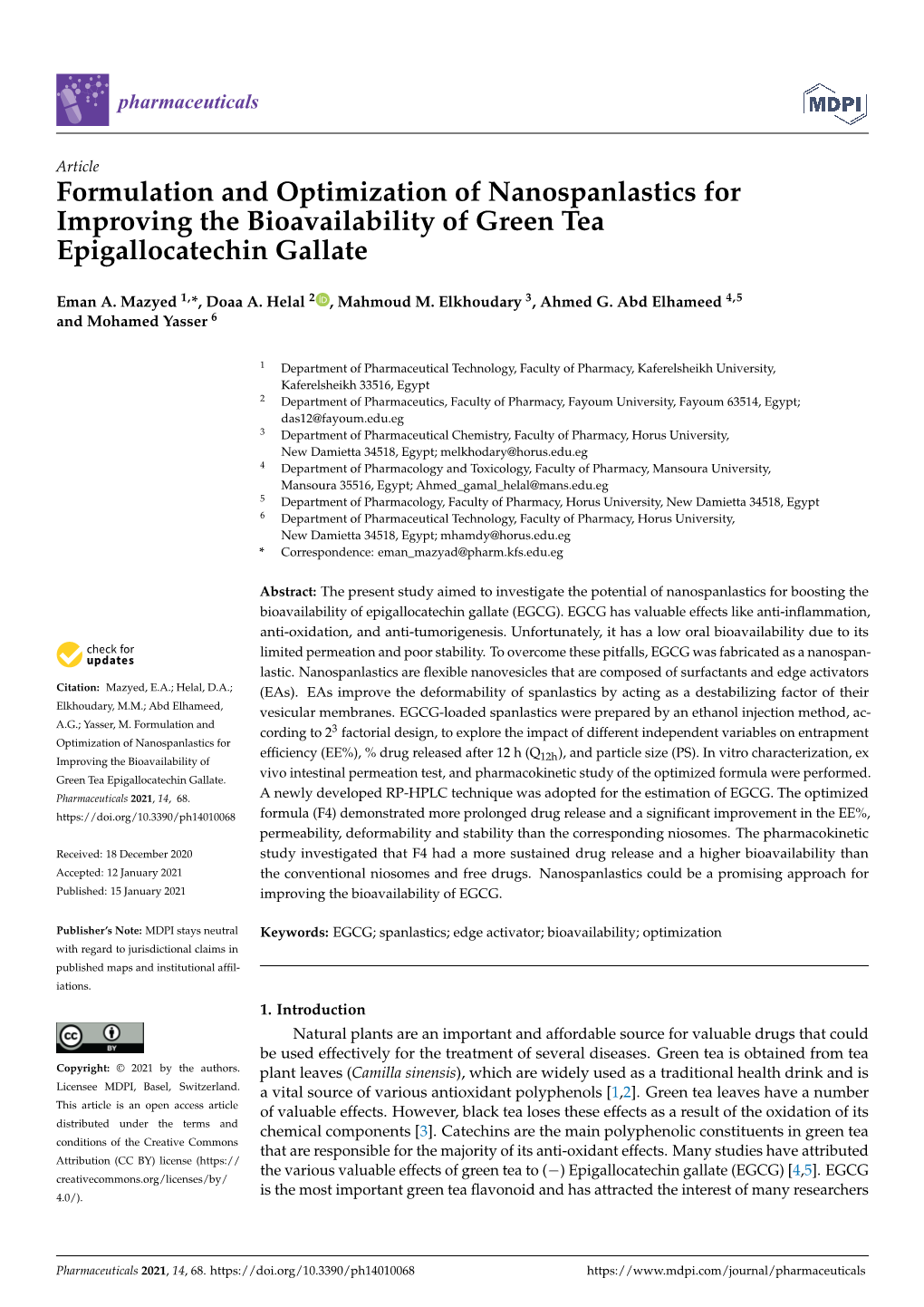 Formulation and Optimization of Nanospanlastics for Improving the Bioavailability of Green Tea Epigallocatechin Gallate