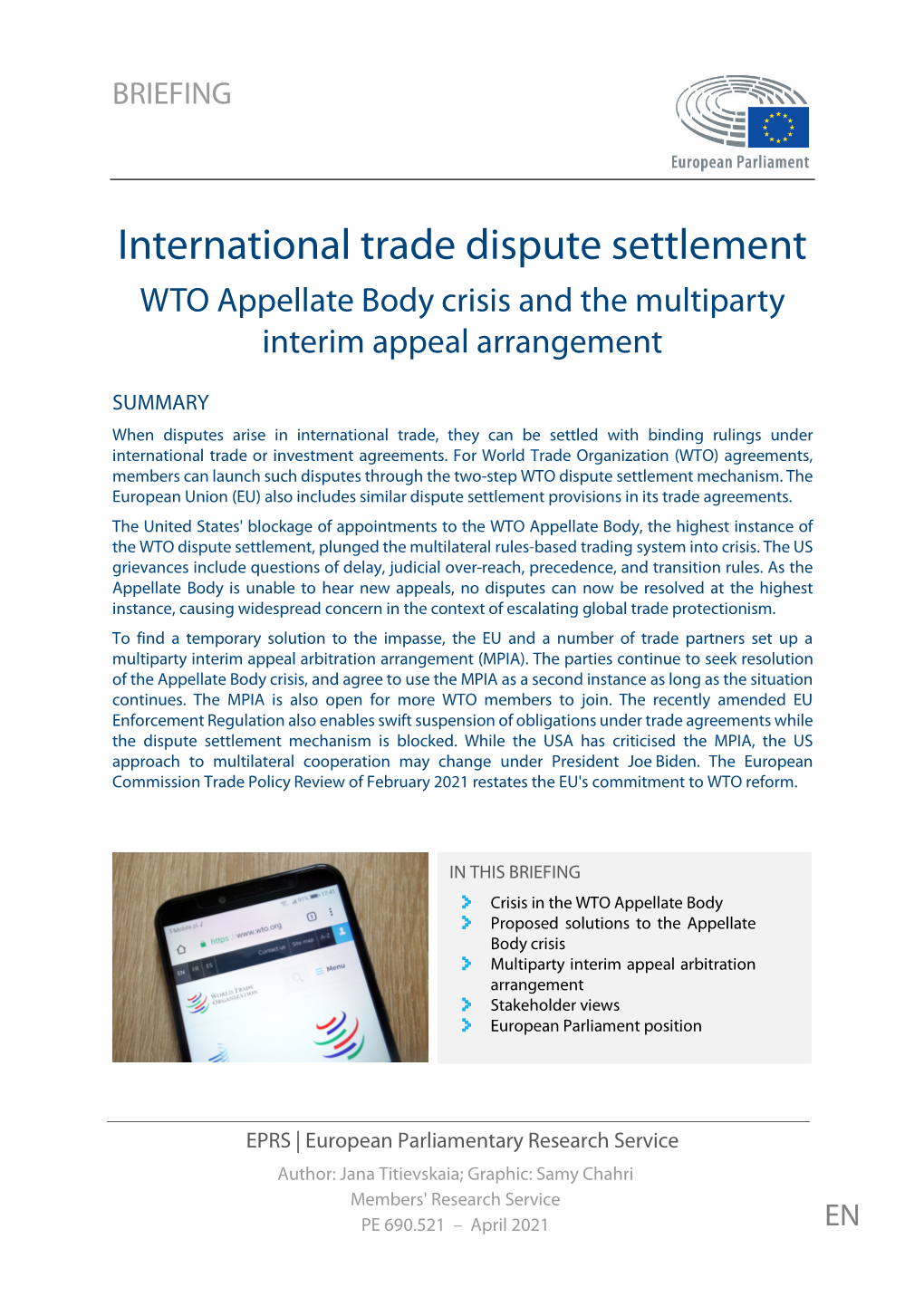 International Trade Dispute Settlement: WTO Appellate Body Crisis