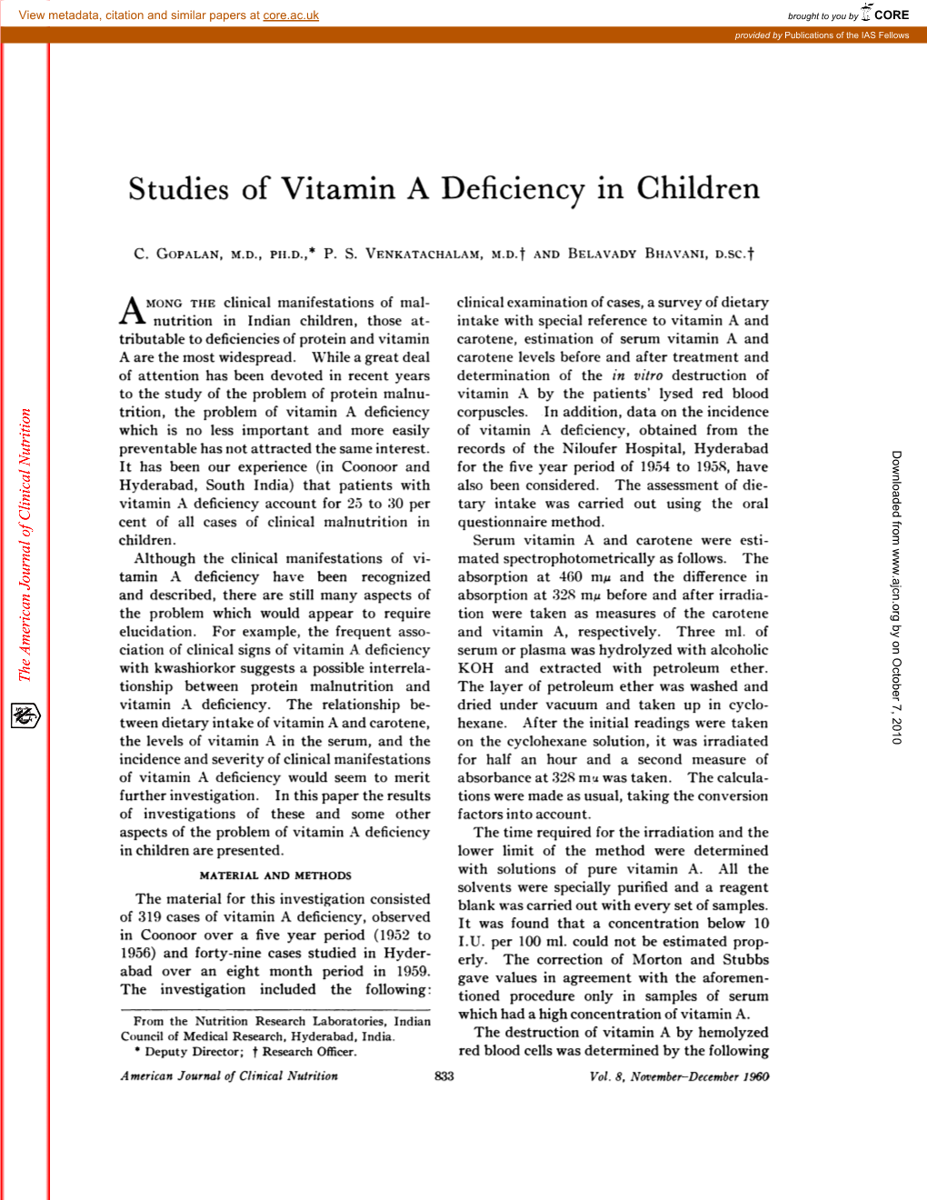 Studies of Vitamin a Deficiency in Children