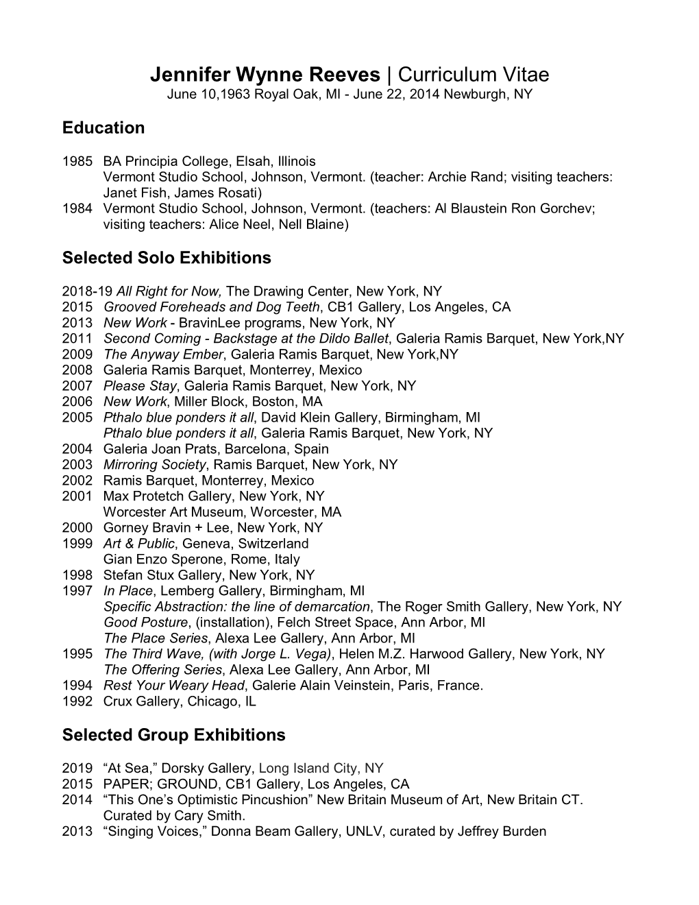 Curriculum Vitae June 10,1963 Royal Oak, MI - June 22, 2014 Newburgh, NY