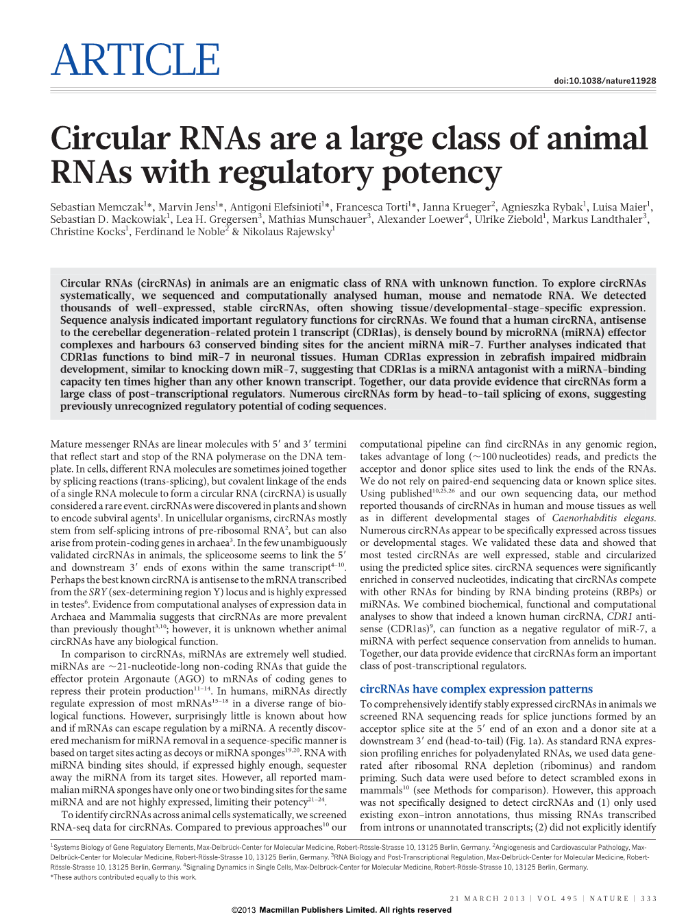 Circular Rnas Are a Large Class of Animal Rnas with Regulatory Potency