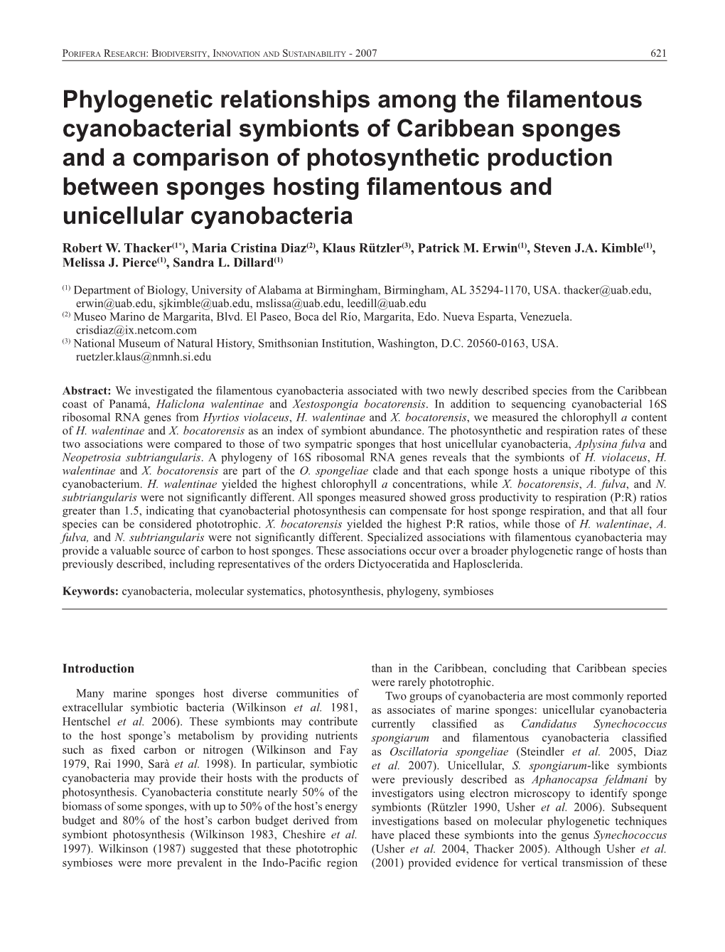 Phylogenetic Relationships Among the Filamentous Cyanobacterial Symbionts of Caribbean Sponges and a Comparison of Photosyntheti