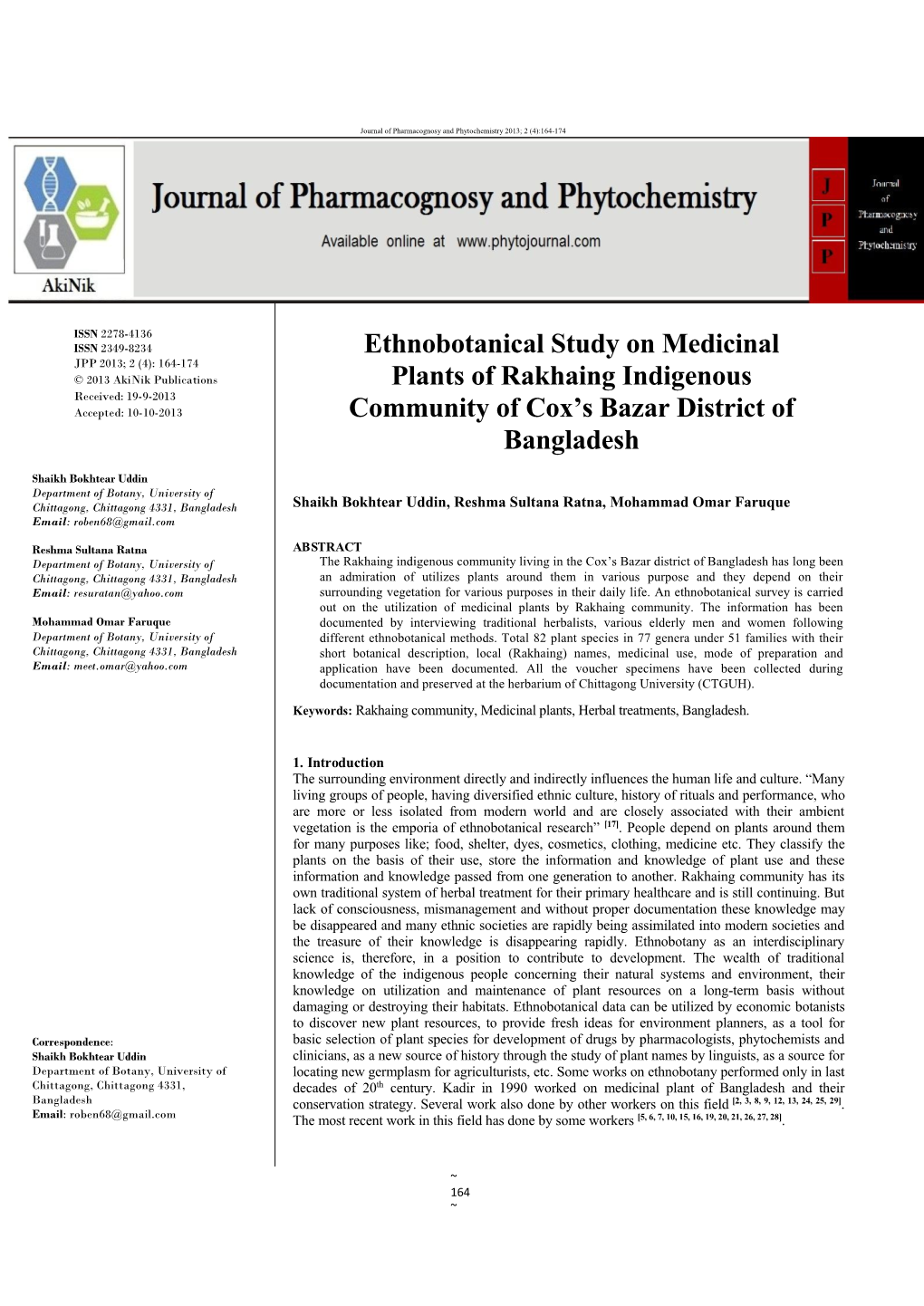 Ethnobotanical Study on Medicinal Plants of Rakhaing Indigenous