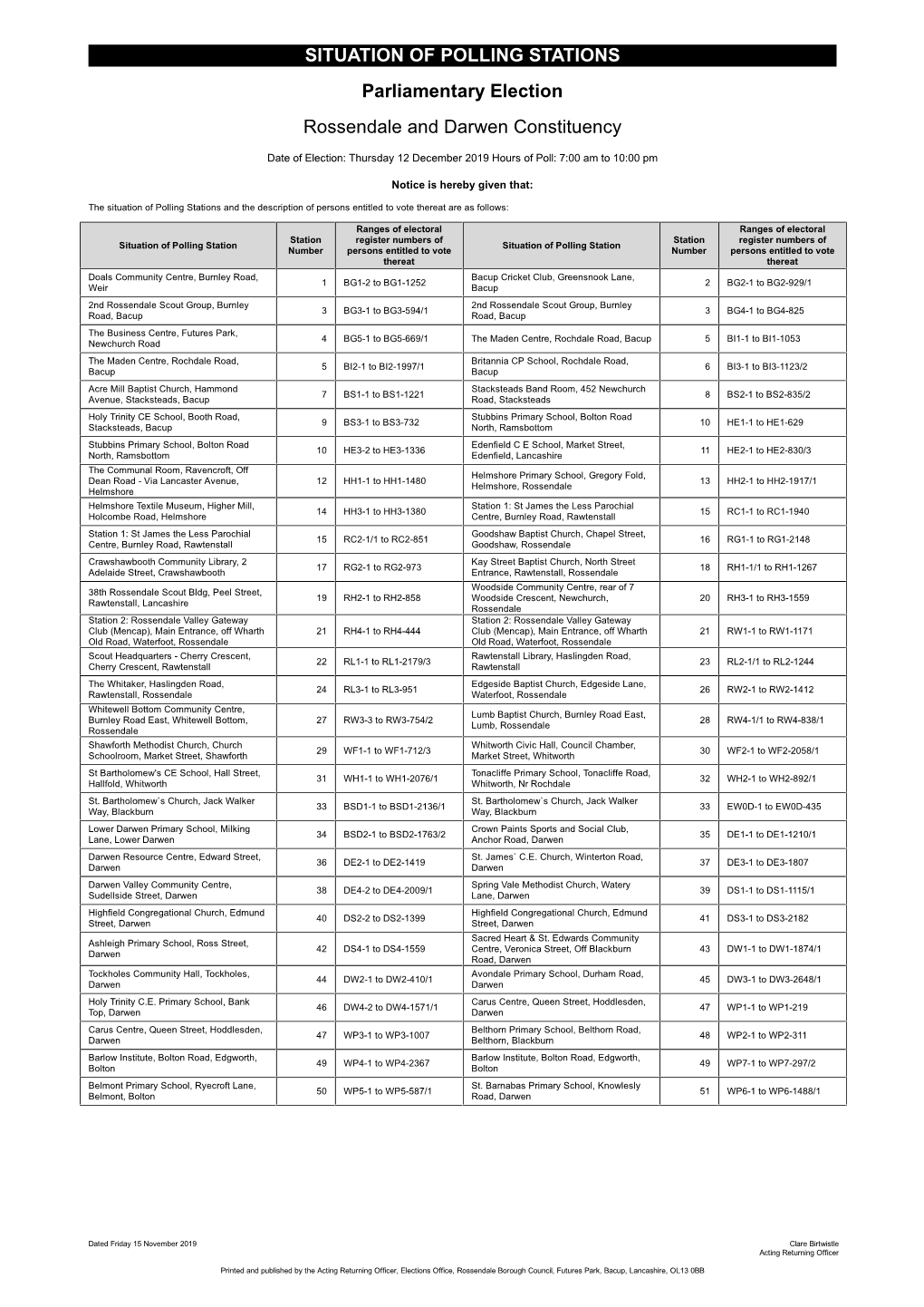 SITUATION of POLLING STATIONS Parliamentary Election Rossendale and Darwen Constituency